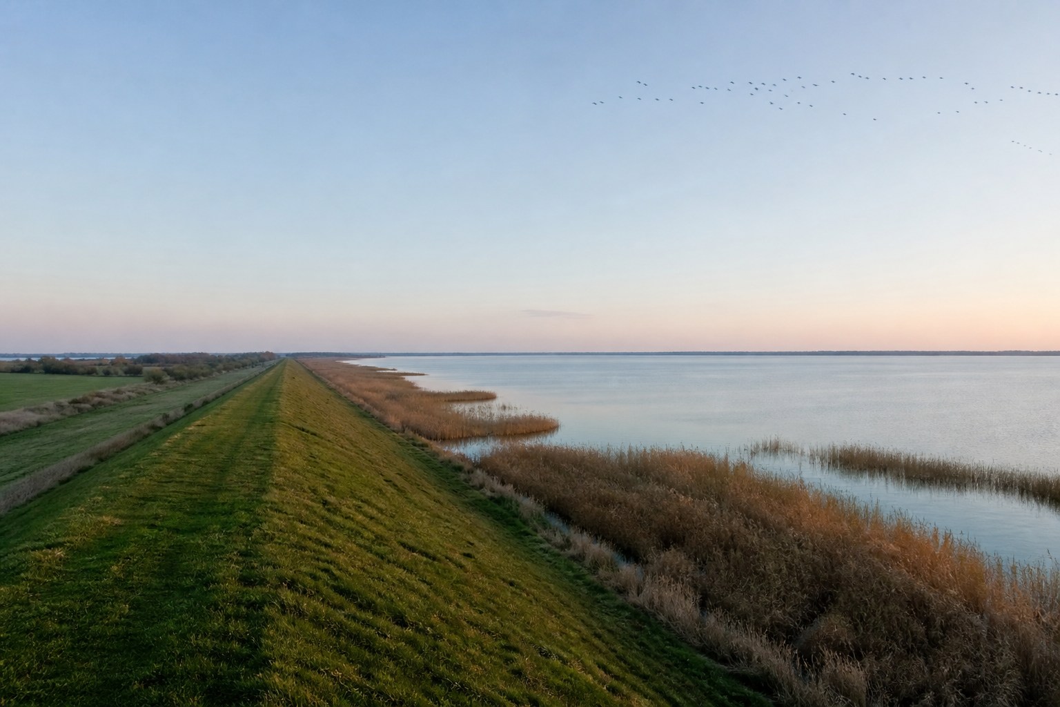 Straight dike path beside Dümmer See with reed beds and a low silver horizon